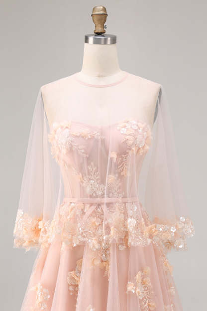 Blush Tulle Floral A Line Corset Long Prom Dress with Cape
