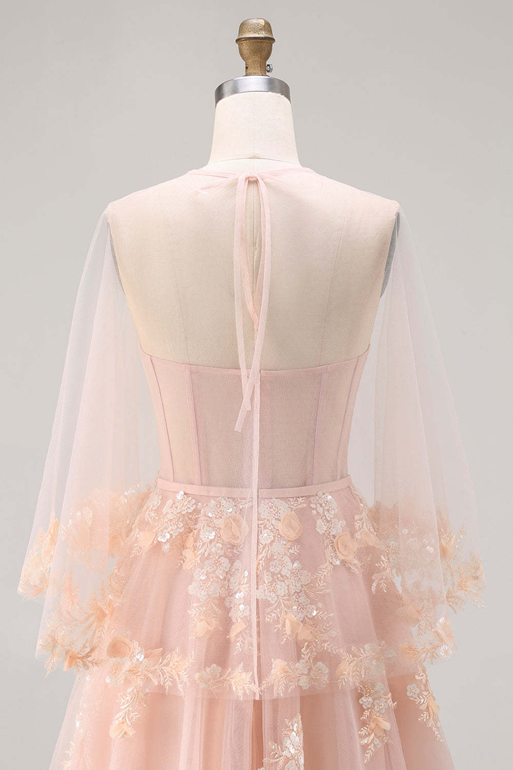 Blush Tulle Floral A Line Corset Long Prom Dress with Cape