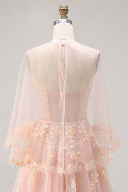 Blush Tulle Floral A Line Corset Long Prom Dress with Cape