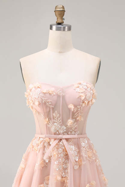 Blush Tulle Floral A Line Corset Long Prom Dress with Cape