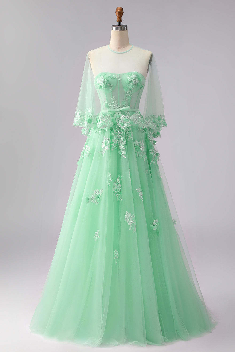 Blush Tulle Floral A Line Corset Long Prom Dress with Cape