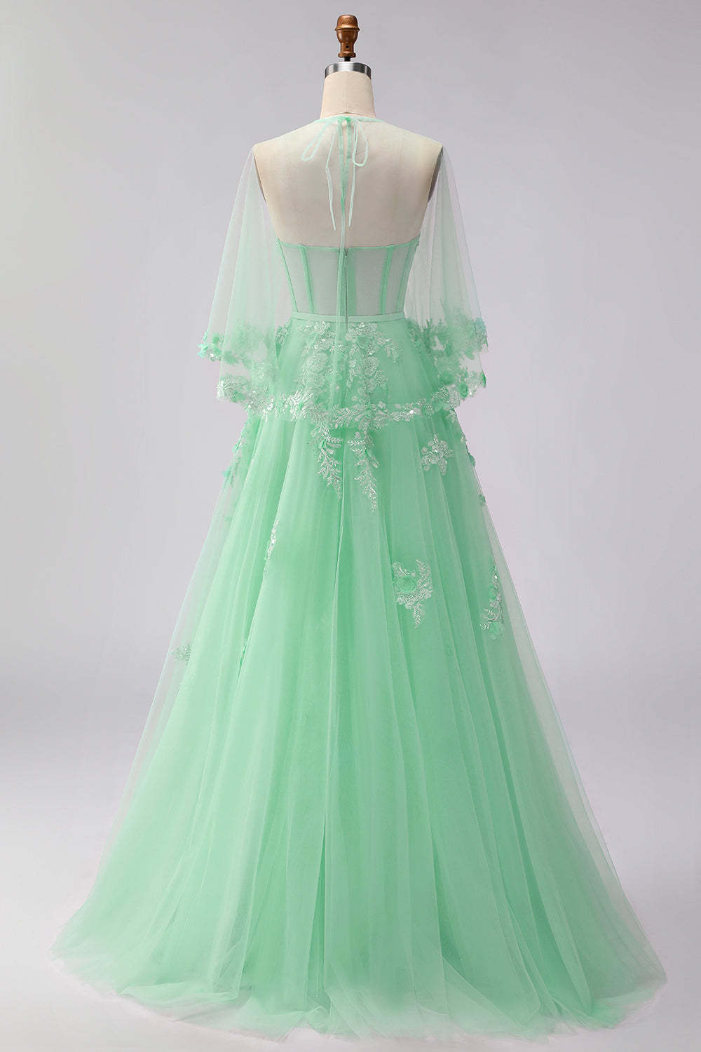 Blush Tulle Floral A Line Corset Long Prom Dress with Cape