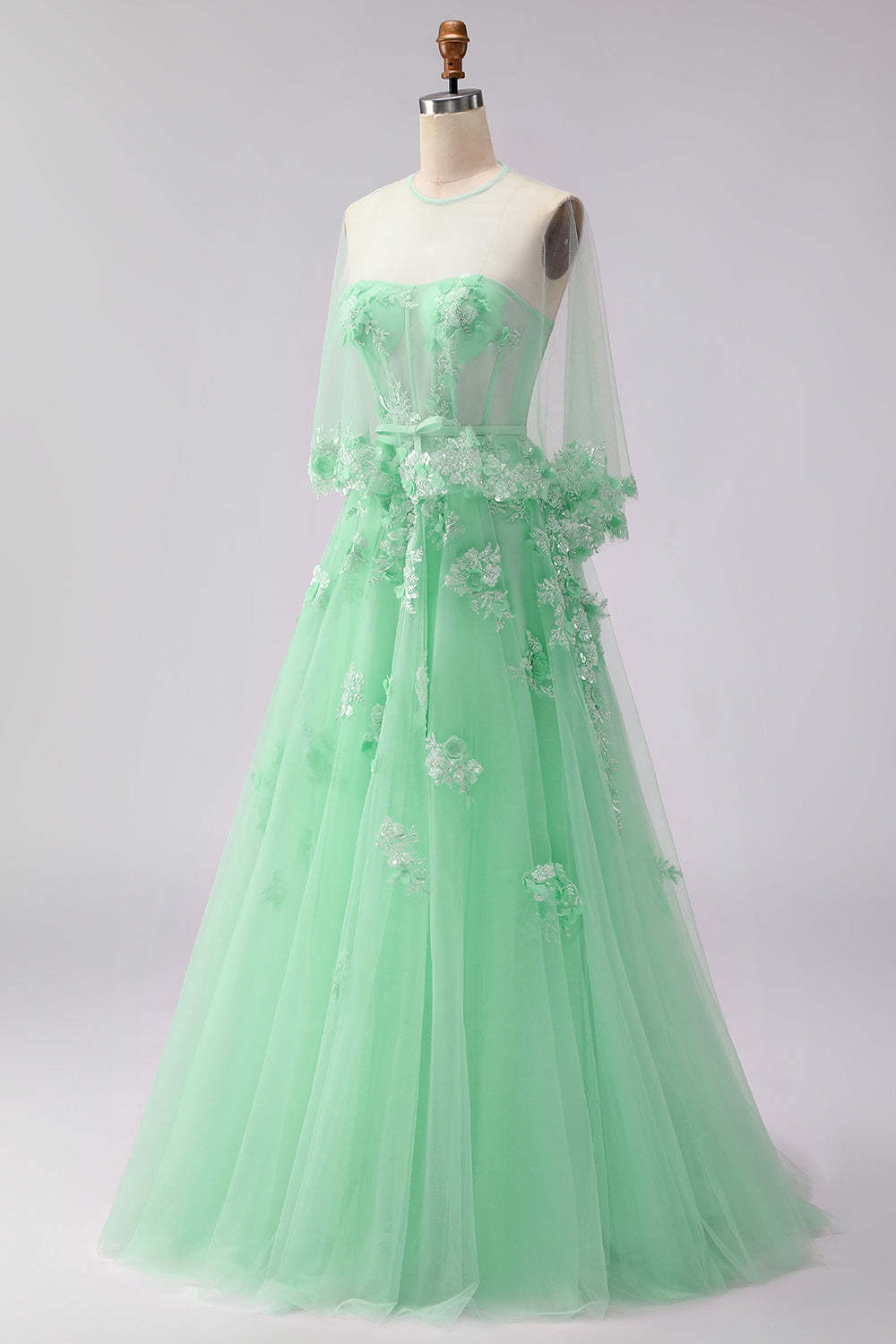 Blush Tulle Floral A Line Corset Long Prom Dress with Cape