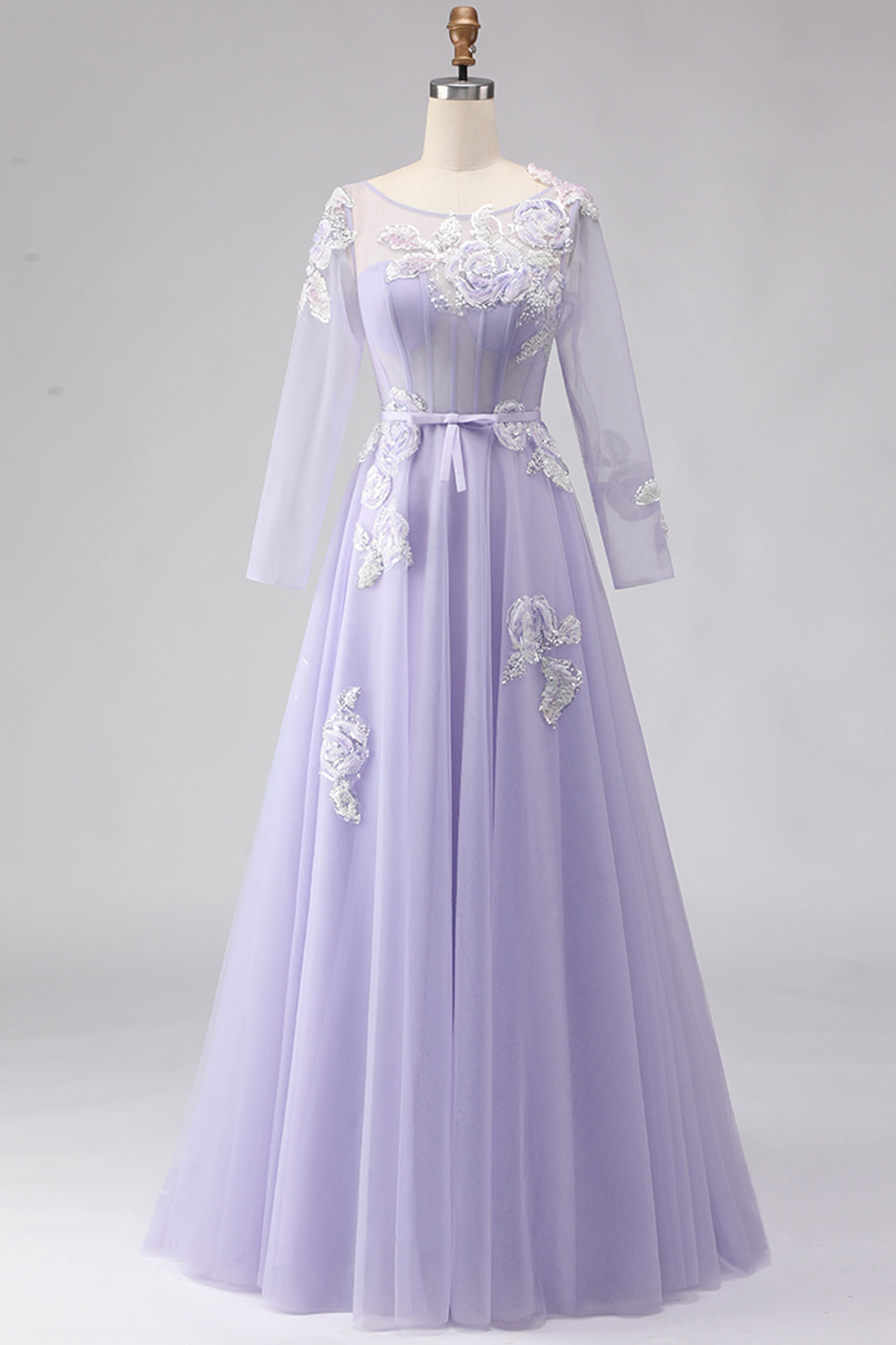 Sparkly Lilac Floral Long Corset Prom Dress with Sleeves