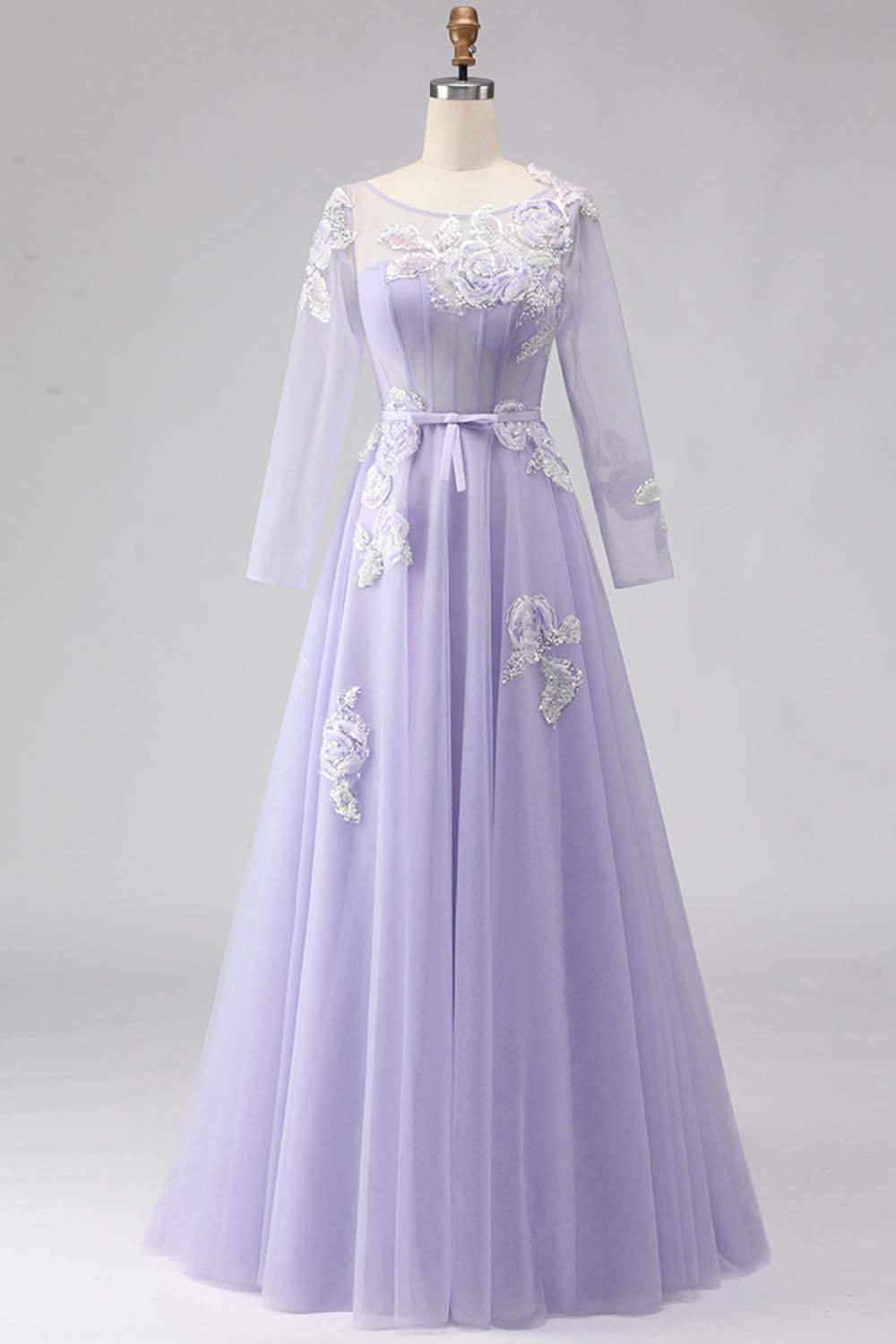 Lilac Floral Corset Long Sparkly Prom Dress with Sleeves