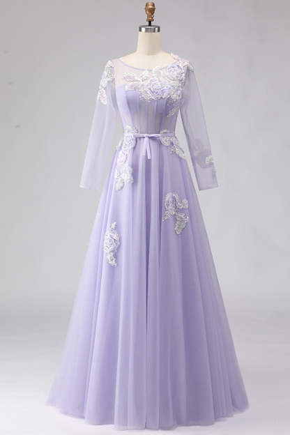 Lilac Floral Corset Long Sparkly Prom Dress with Sleeves