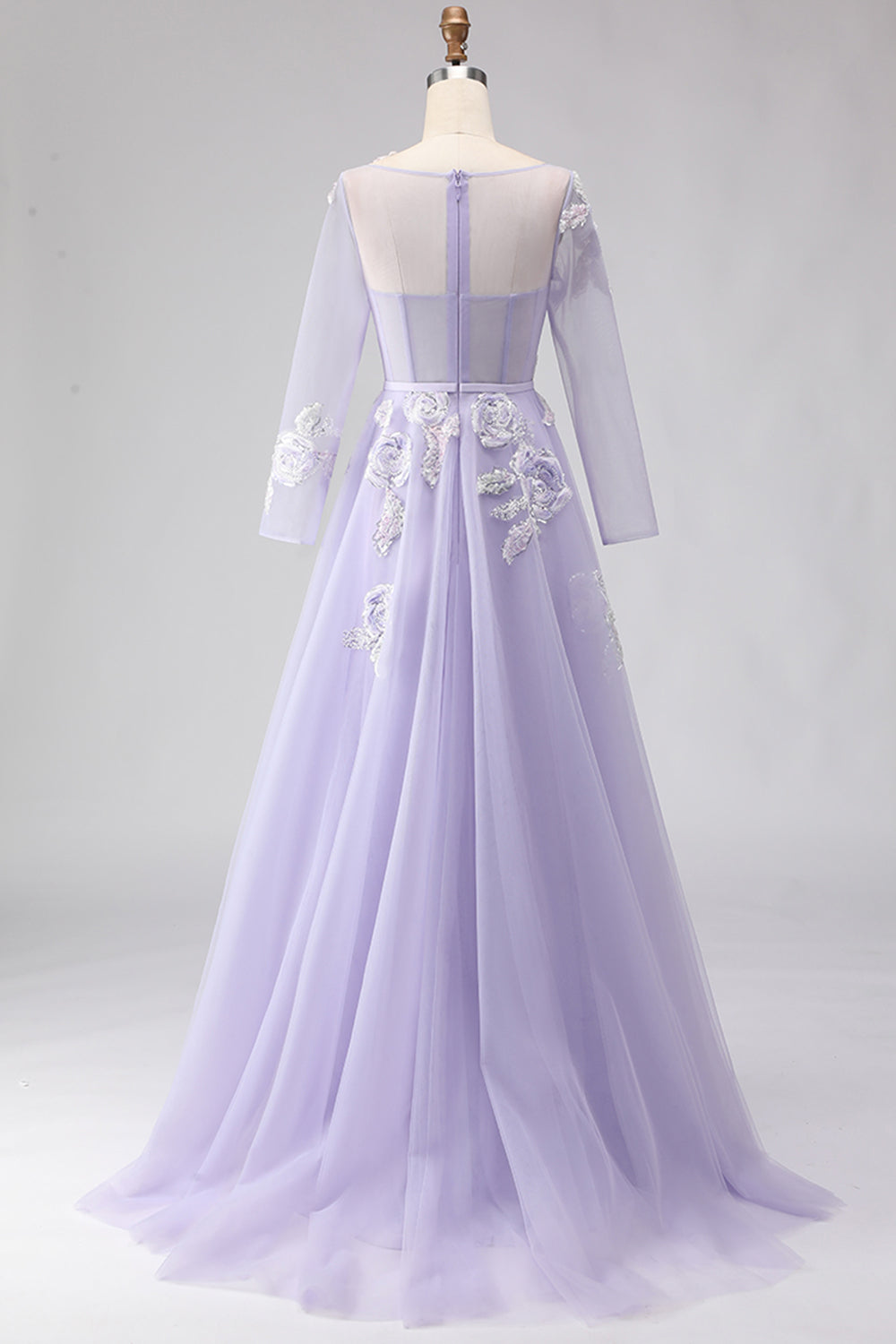 Lilac Floral Corset Long Sparkly Prom Dress with Sleeves