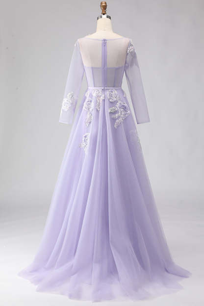 Lilac Floral Corset Long Sparkly Prom Dress with Sleeves