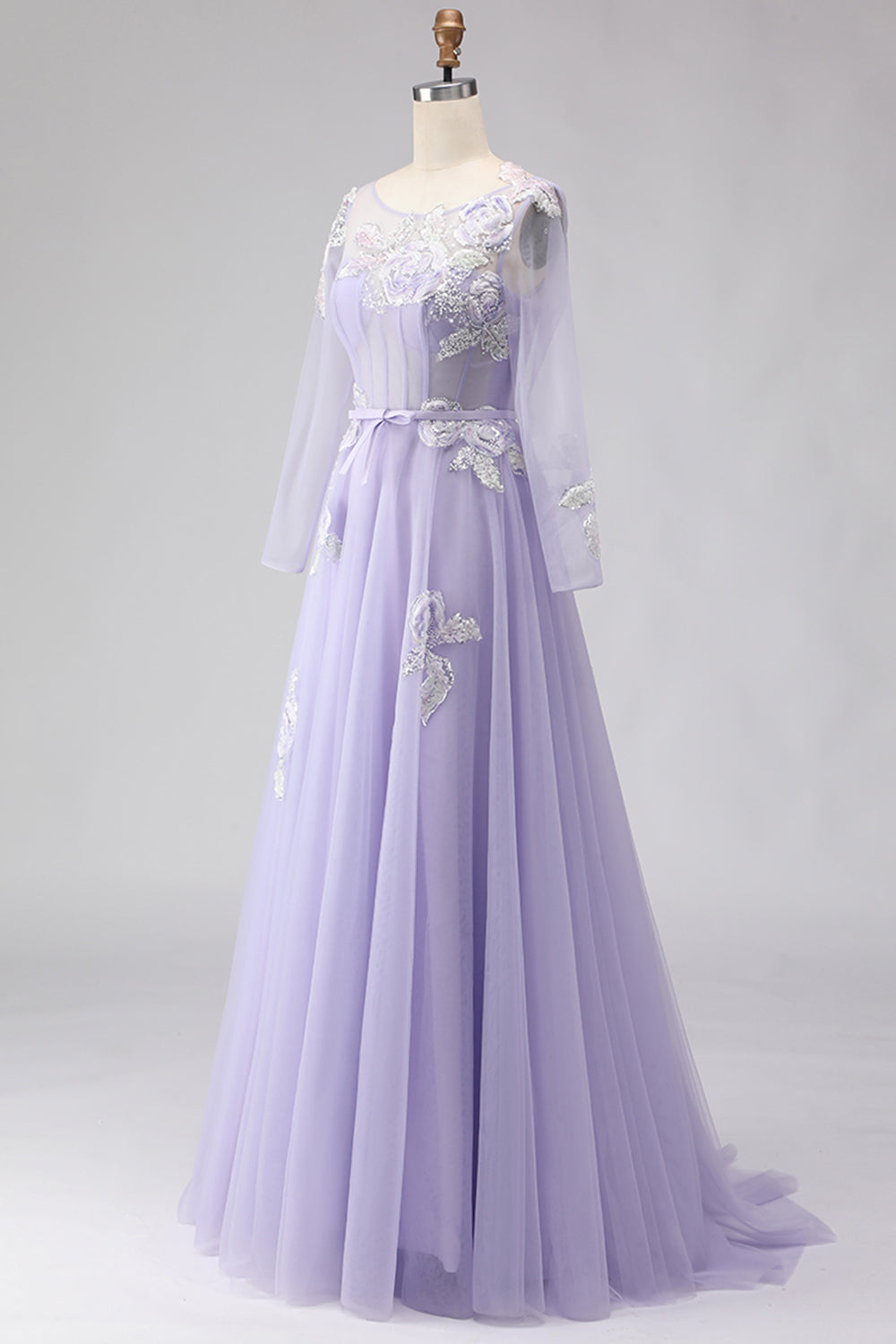 Sparkly Lilac Floral Long Corset Prom Dress with Sleeves