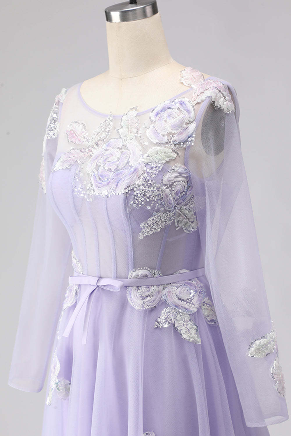 Sparkly Lilac Floral Long Corset Prom Dress with Sleeves