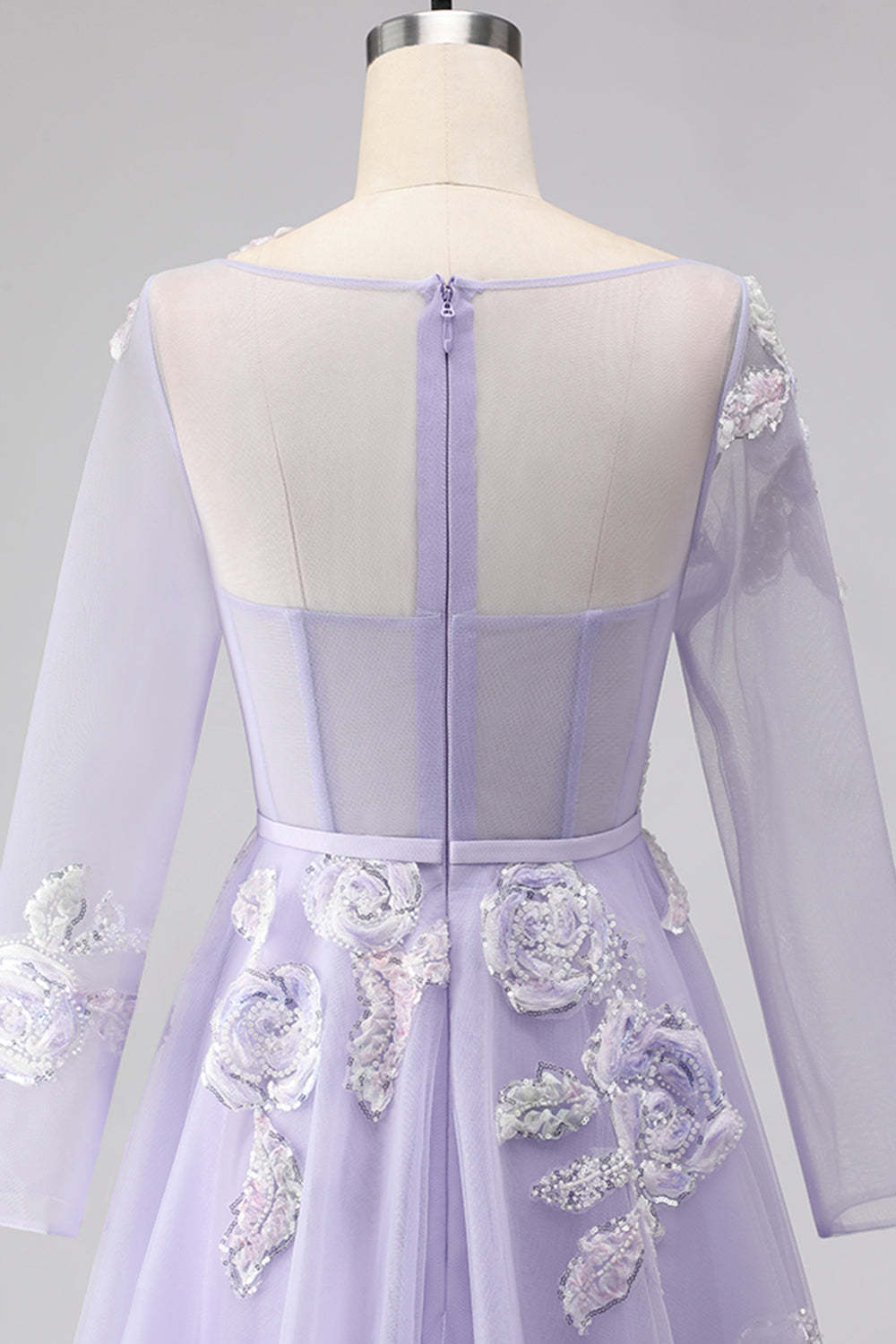 Sparkly Lilac Floral Long Corset Prom Dress with Sleeves