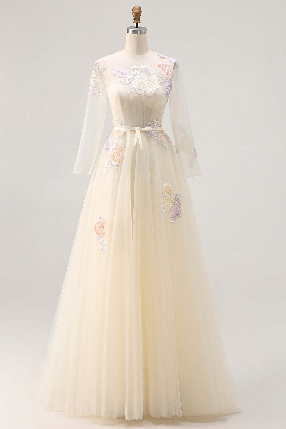 Lilac Floral Corset Long Sparkly Prom Dress with Sleeves