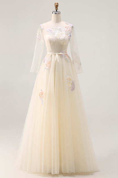 Lilac Floral Corset Long Sparkly Prom Dress with Sleeves