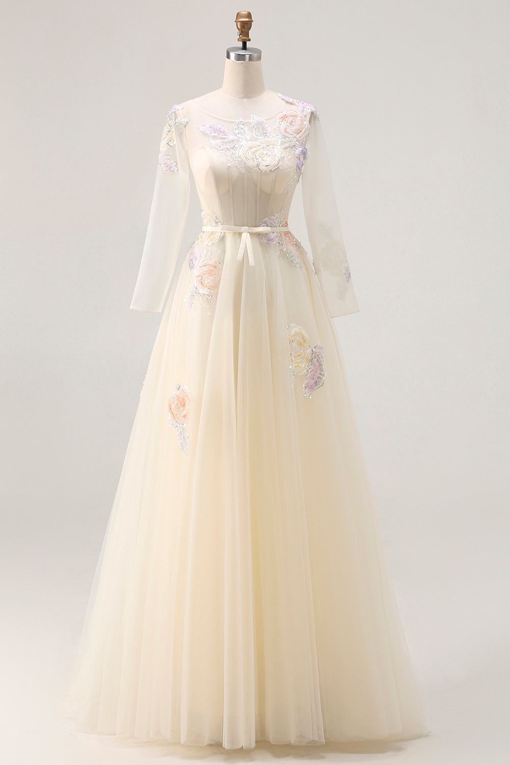 Leely Women Sparkly Floral Yellow Corset Tulle Maxi Prom Dress with Sleeves A Line Appliqued Sequins Boat Neck Pageant Dress with Beading
