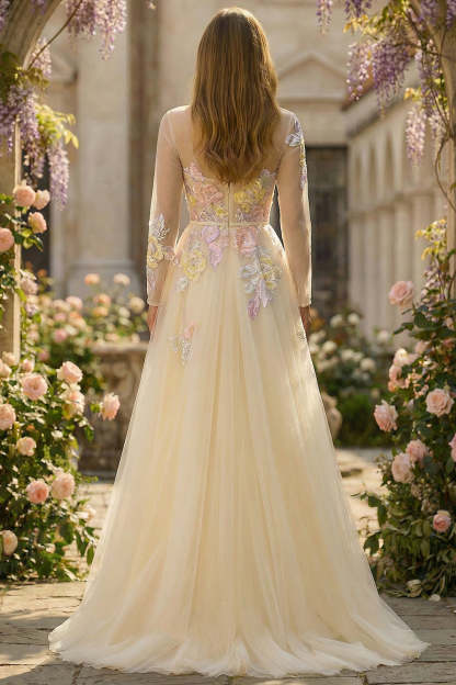 Lilac Floral Corset Long Sparkly Prom Dress with Sleeves