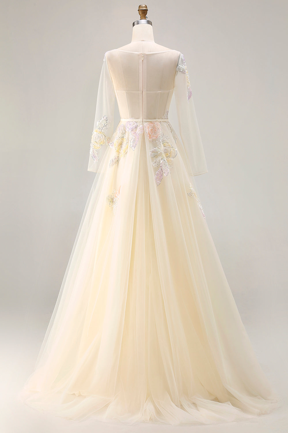 Floral Yellow Tulle A Line Long Corset Prom Dress with Sleeves