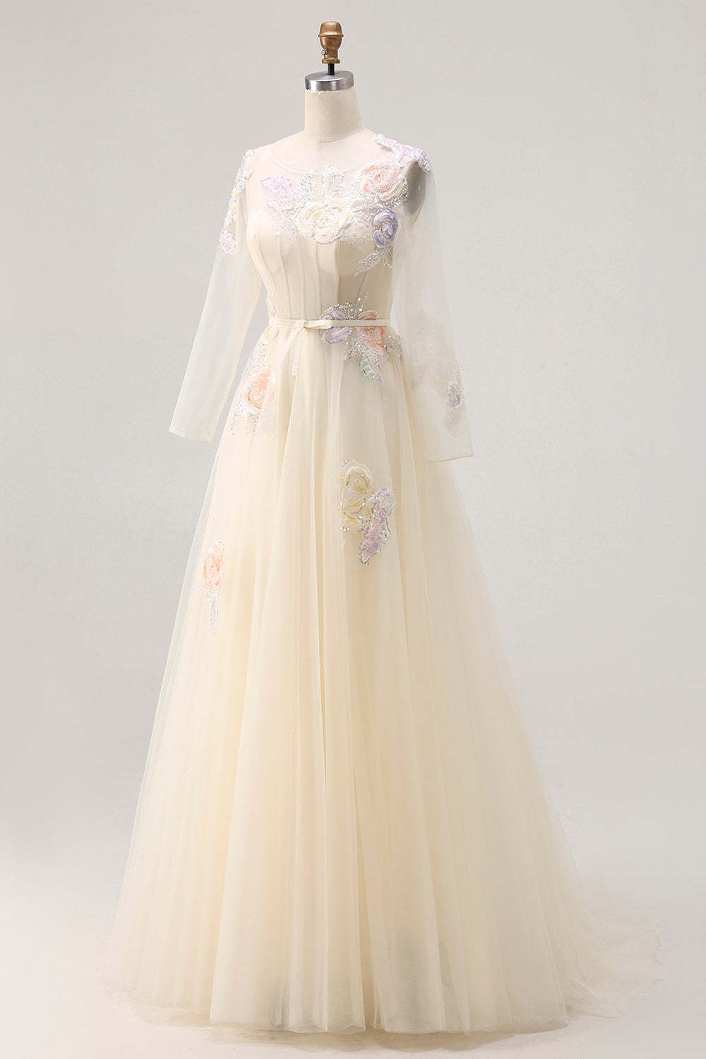 Sparkly Lilac Floral Long Corset Prom Dress with Sleeves