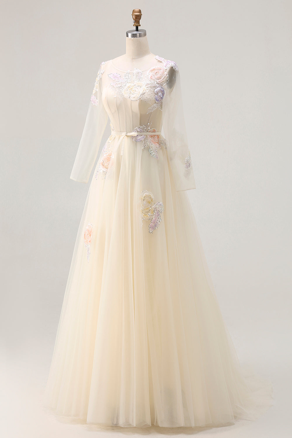 Floral Yellow Tulle A Line Long Corset Prom Dress with Sleeves