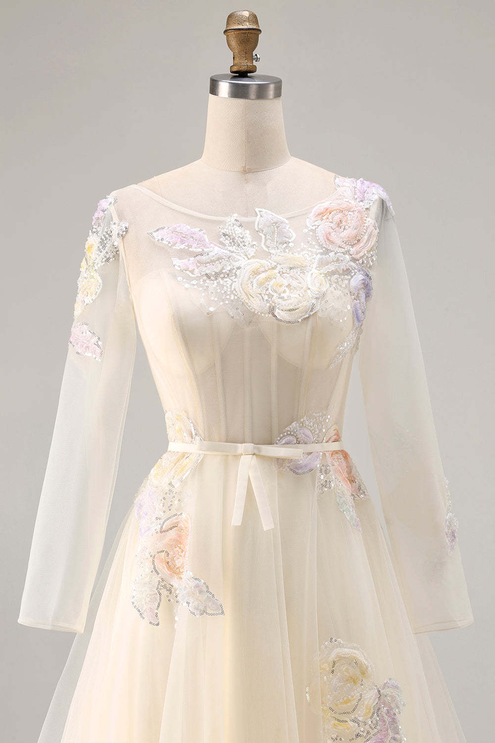 Sparkly Lilac Floral Long Corset Prom Dress with Sleeves