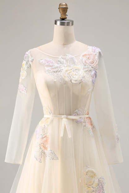 Sparkly Lilac Floral Long Corset Prom Dress with Sleeves