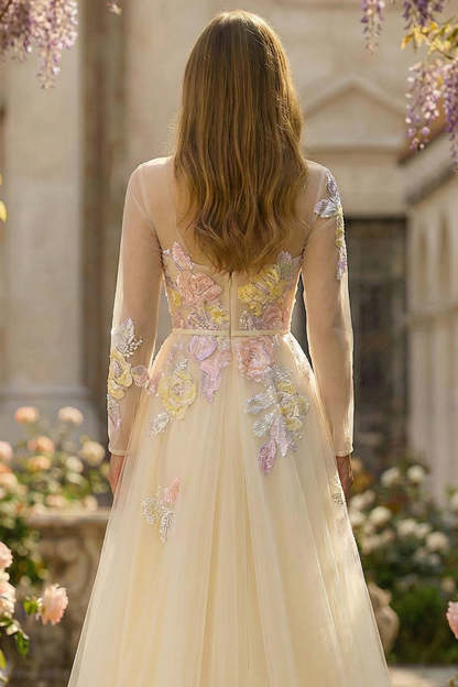 Lilac Floral Corset Long Sparkly Prom Dress with Sleeves
