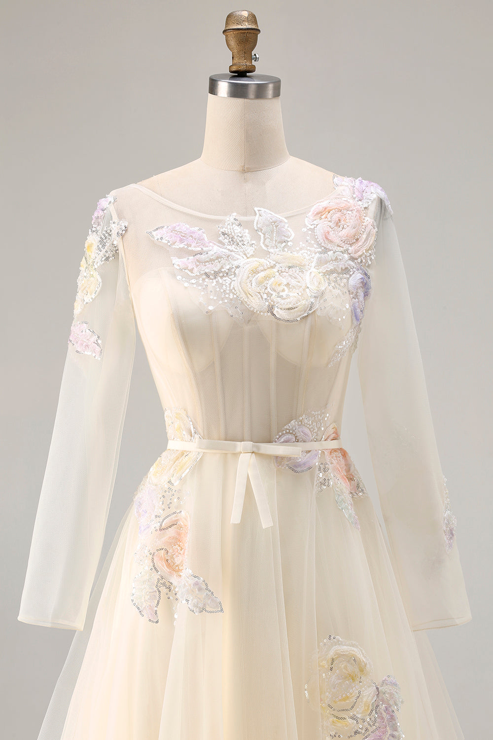 Floral Yellow Tulle A Line Long Corset Prom Dress with Sleeves