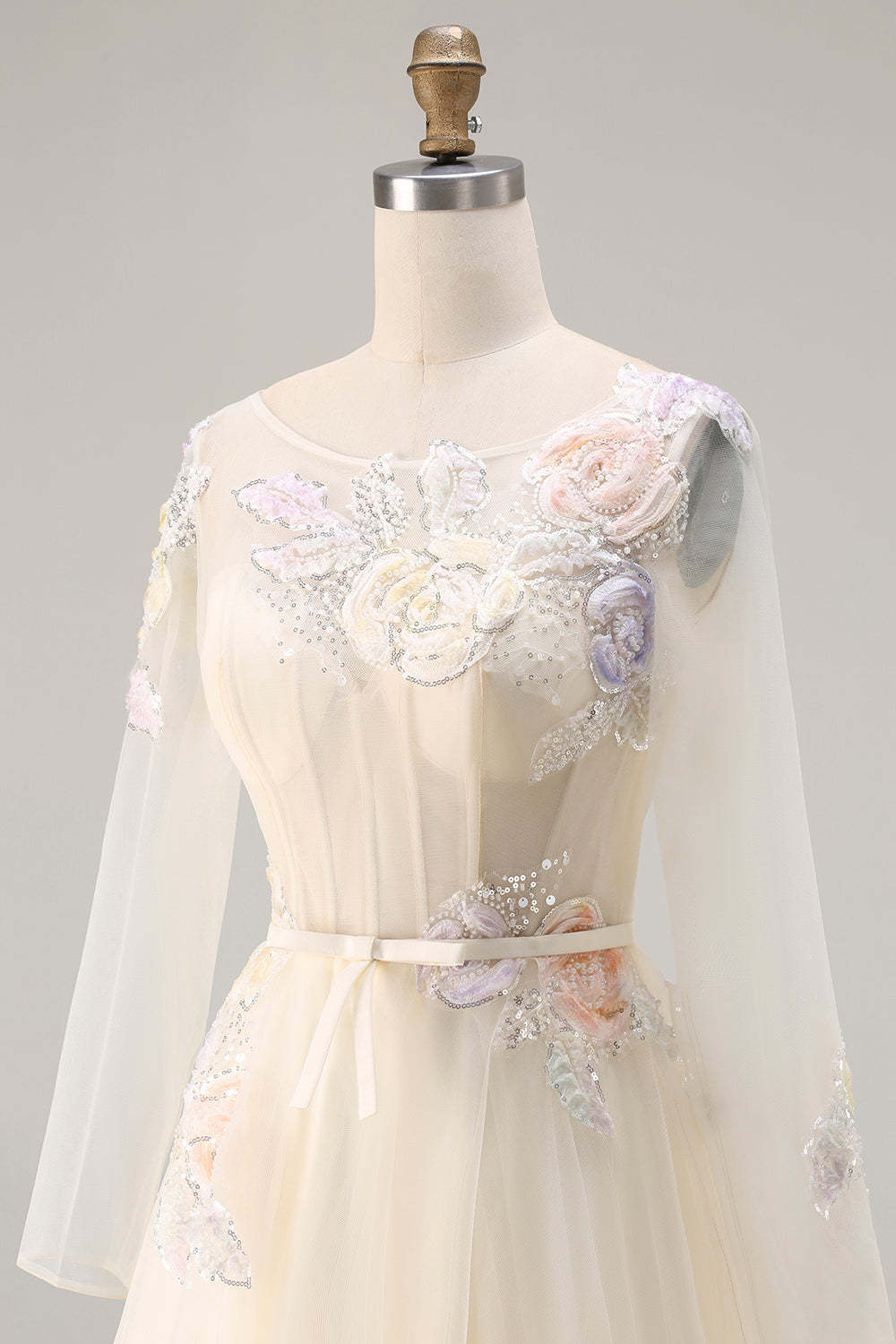 Sparkly Lilac Floral Long Corset Prom Dress with Sleeves