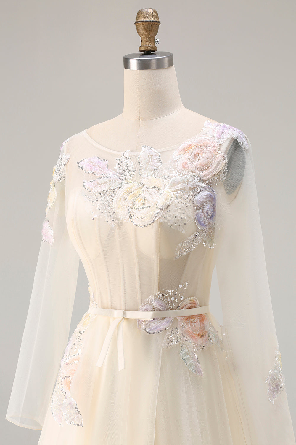 Floral Yellow Tulle A Line Long Corset Prom Dress with Sleeves