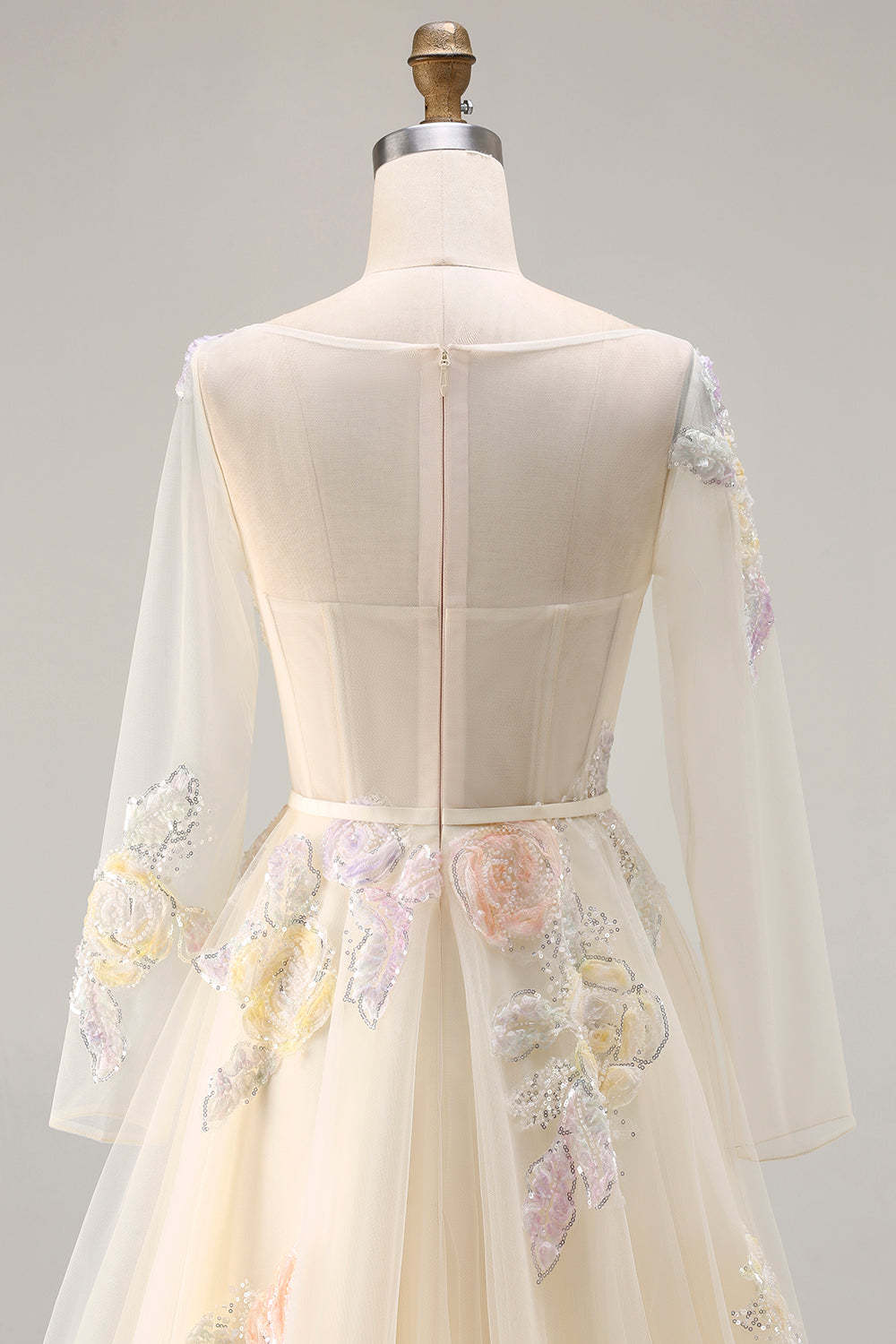 Sparkly Lilac Floral Long Corset Prom Dress with Sleeves