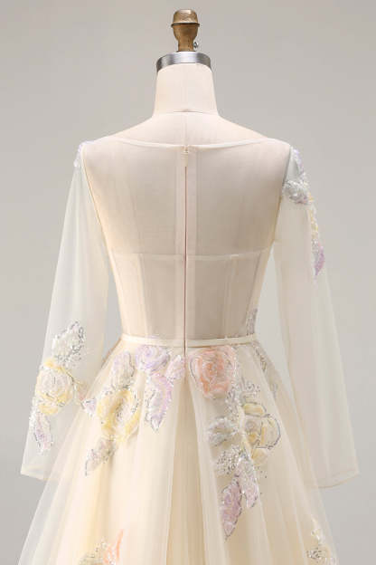 Sparkly Lilac Floral Long Corset Prom Dress with Sleeves
