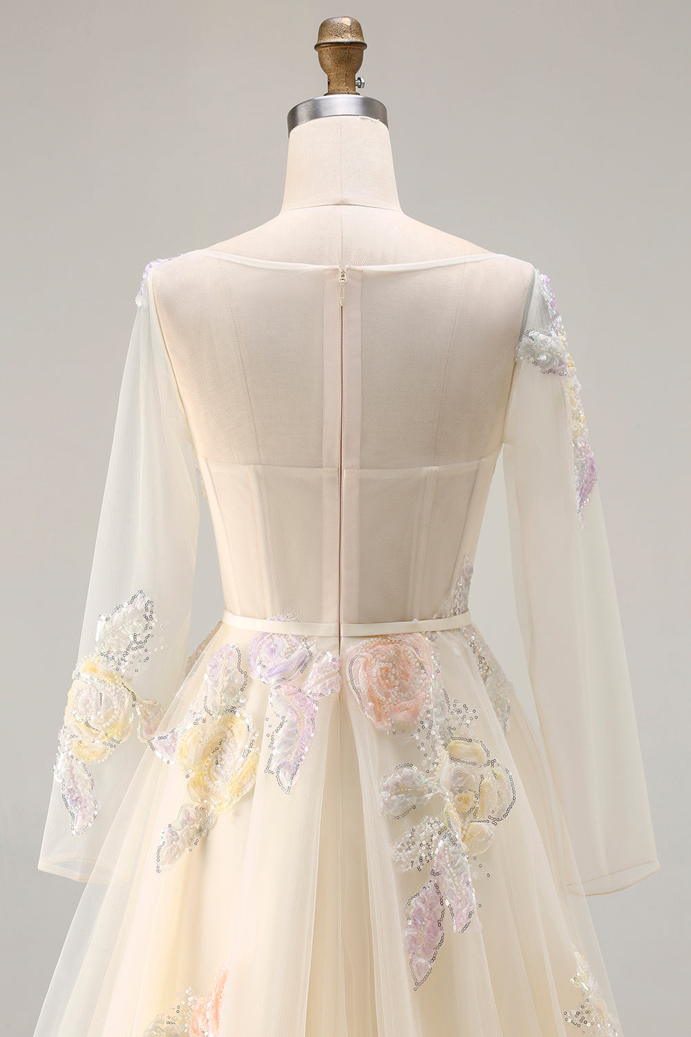 Floral Yellow Tulle A Line Long Corset Prom Dress with Sleeves