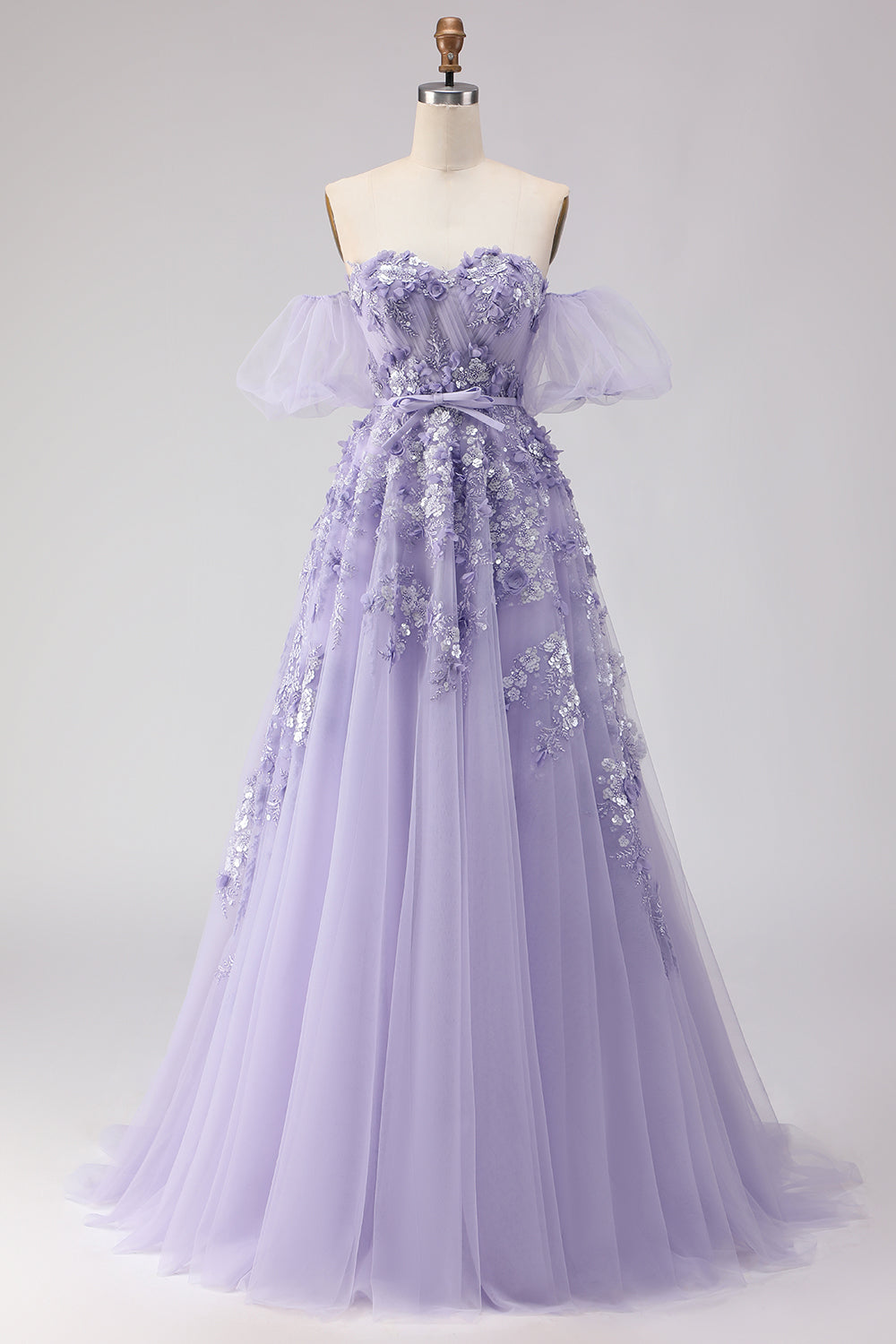 Floral Purple Off the Shoulder A Line Tulle Long Prom Dress with Bow
