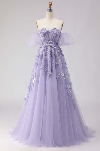 Floral Purple Off the Shoulder A Line Tulle Long Prom Dress with Bow