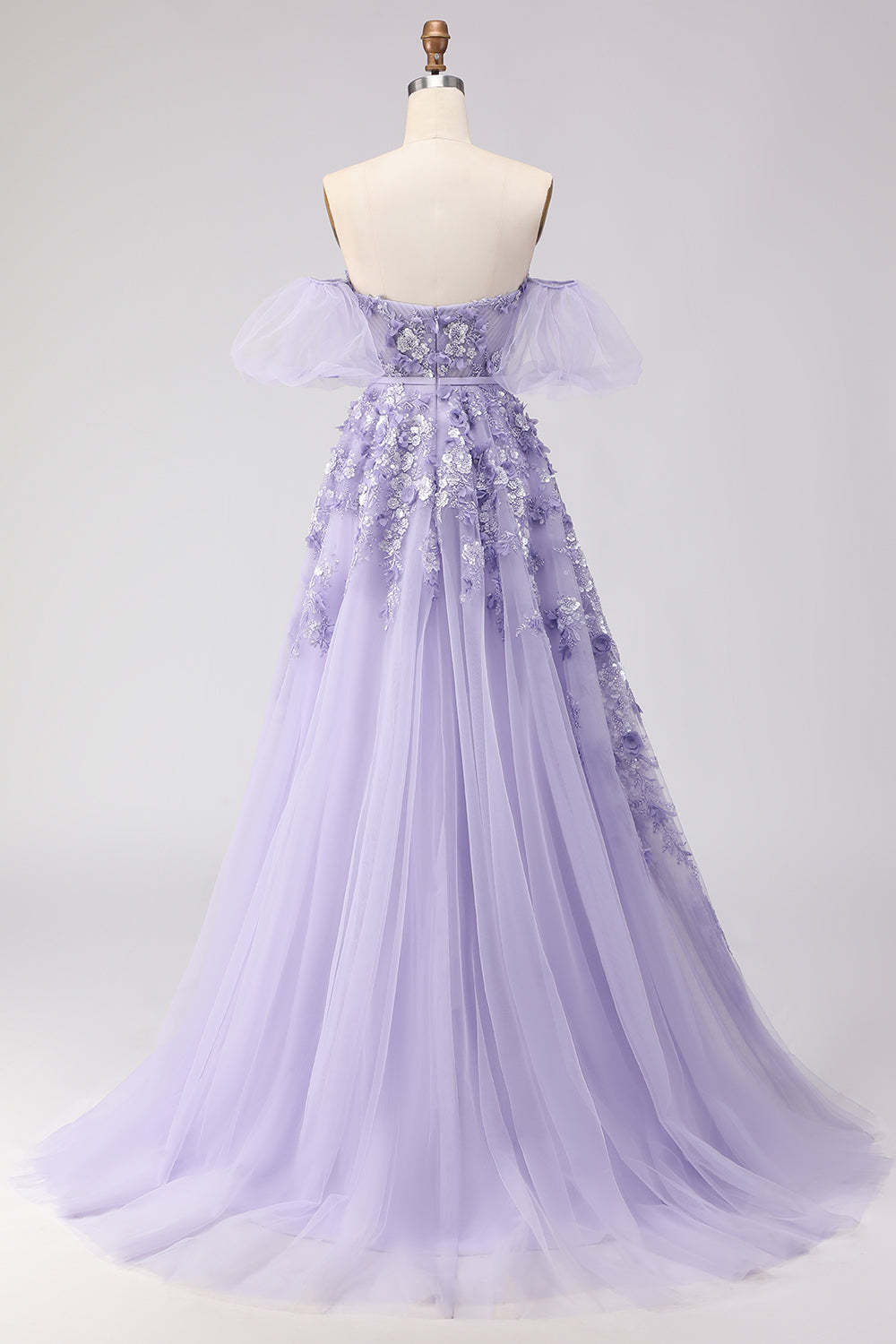 Floral Purple Off the Shoulder A Line Tulle Long Prom Dress with Bow