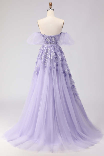 Floral Purple Off the Shoulder A Line Tulle Long Prom Dress with Bow