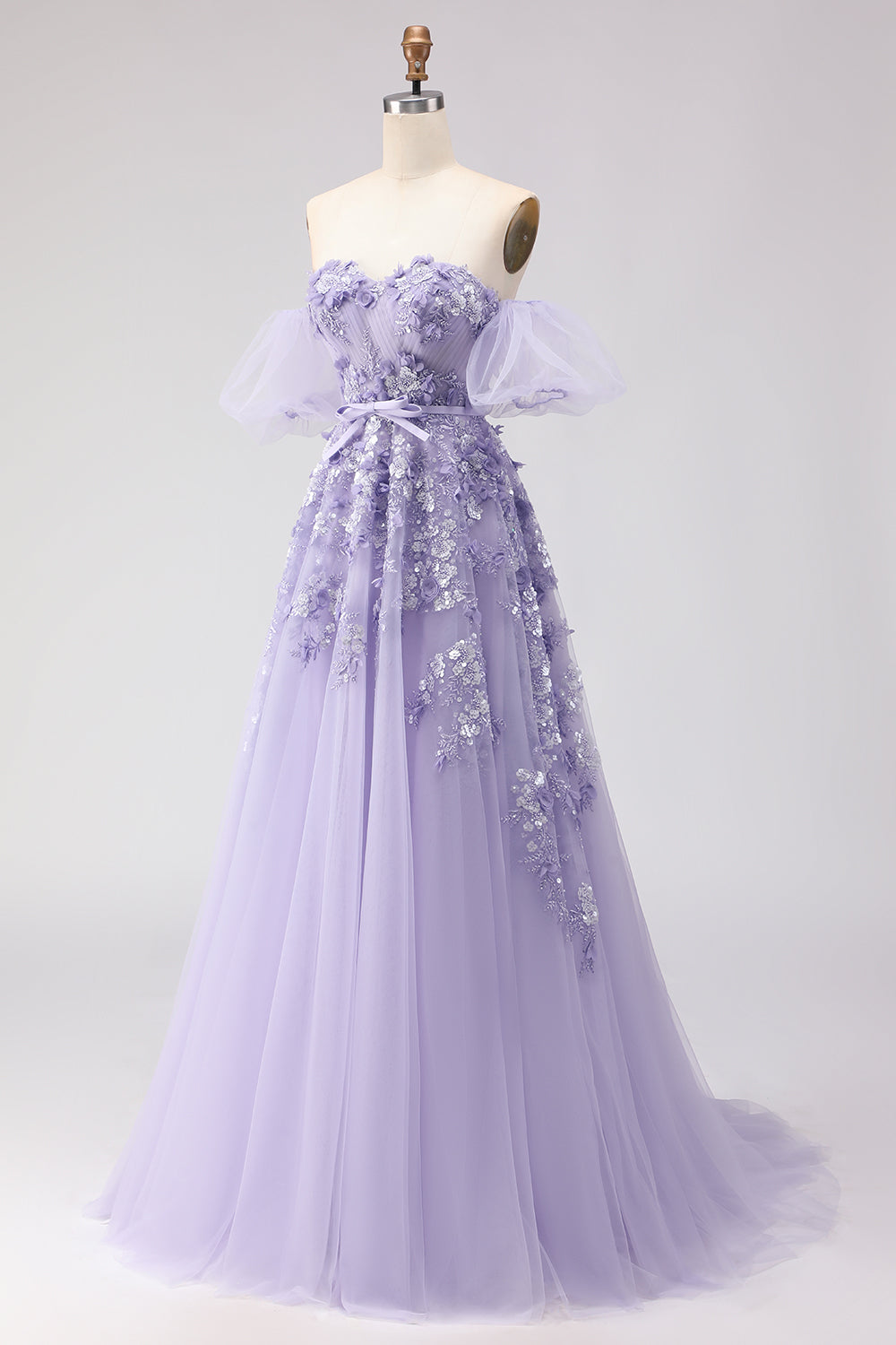 Floral Purple Off the Shoulder A Line Tulle Long Prom Dress with Bow
