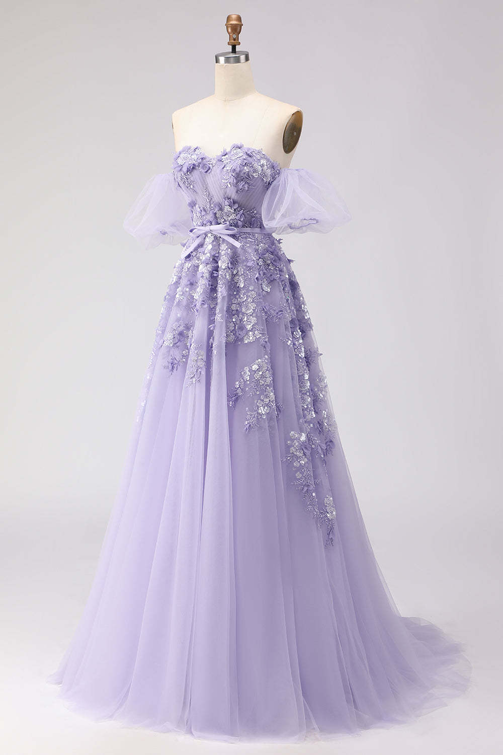 Floral Purple Off the Shoulder A Line Tulle Long Prom Dress with Bow