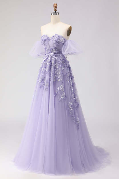 Floral Purple Off the Shoulder A Line Tulle Long Prom Dress with Bow