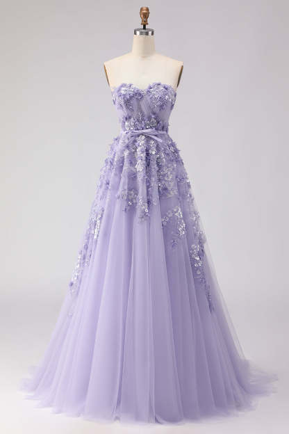 Floral Purple Off the Shoulder A Line Tulle Long Prom Dress with Bow