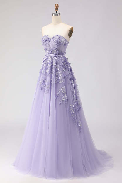 Floral Purple Off the Shoulder A Line Tulle Long Prom Dress with Bow