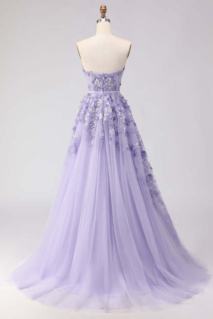 Floral Purple Off the Shoulder A Line Tulle Long Prom Dress with Bow
