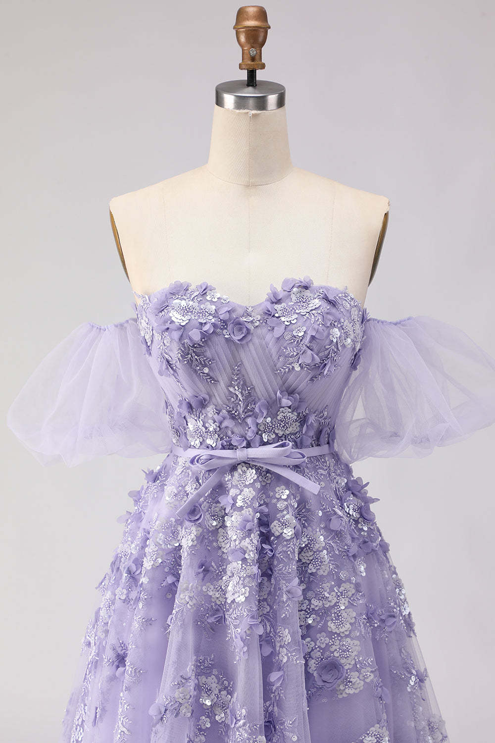 Floral Purple Off the Shoulder A Line Tulle Long Prom Dress with Bow