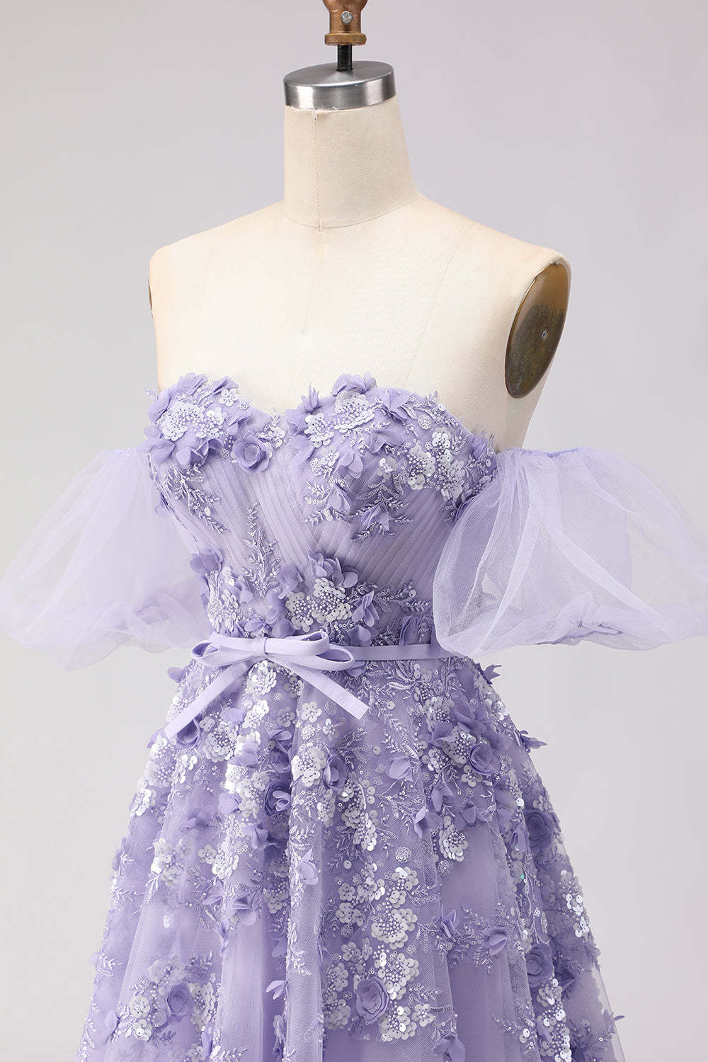 Floral Purple Off the Shoulder A Line Tulle Long Prom Dress with Bow