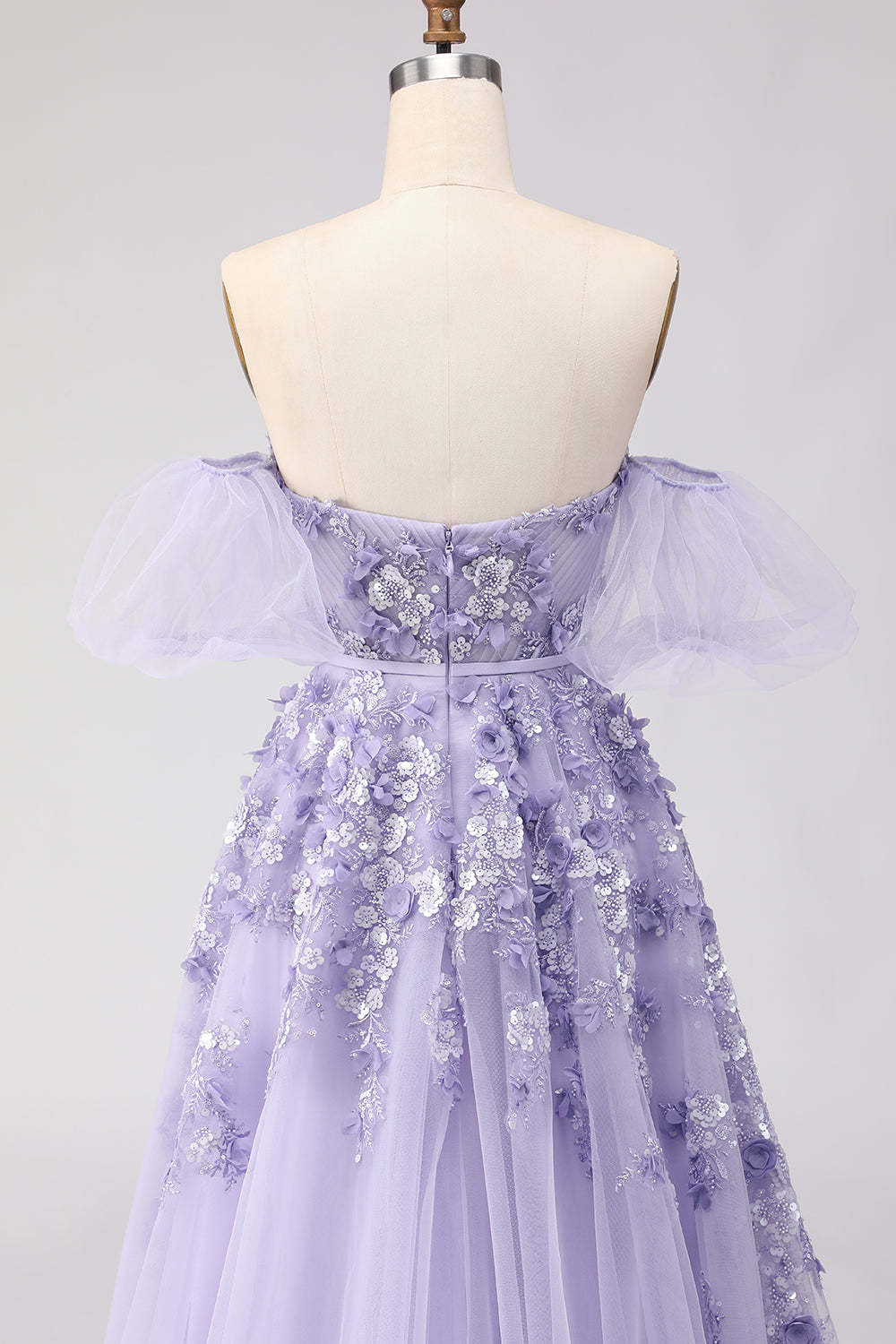Floral Purple Off the Shoulder A Line Tulle Long Prom Dress with Bow