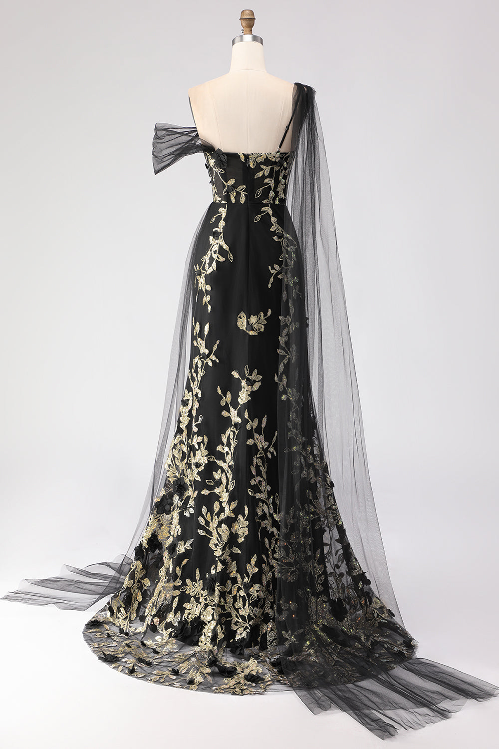Black Golden One Shoulder Floral Long Sheath Prom Dress with Side Cape