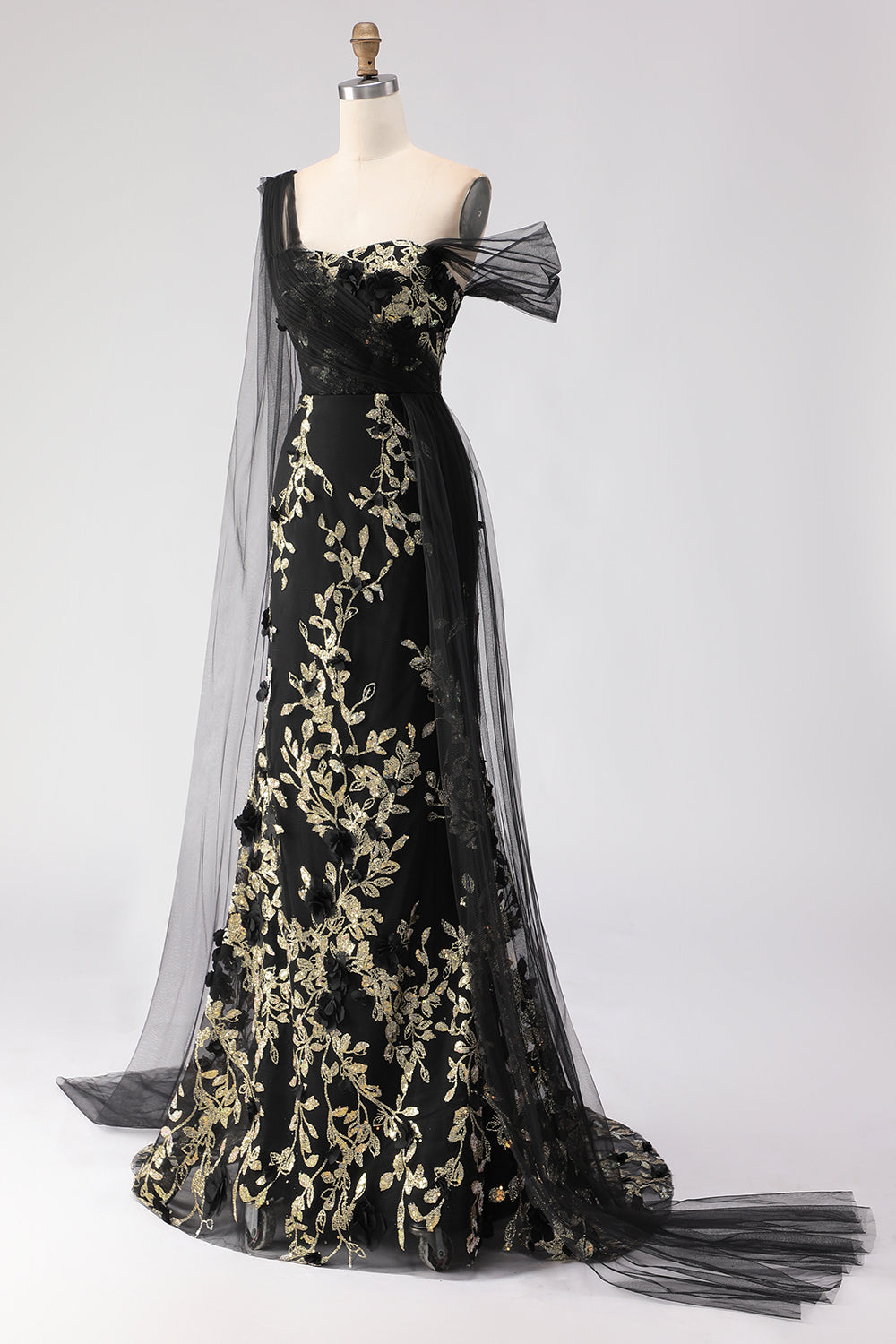 Black Golden One Shoulder Floral Long Sheath Prom Dress with Side Cape