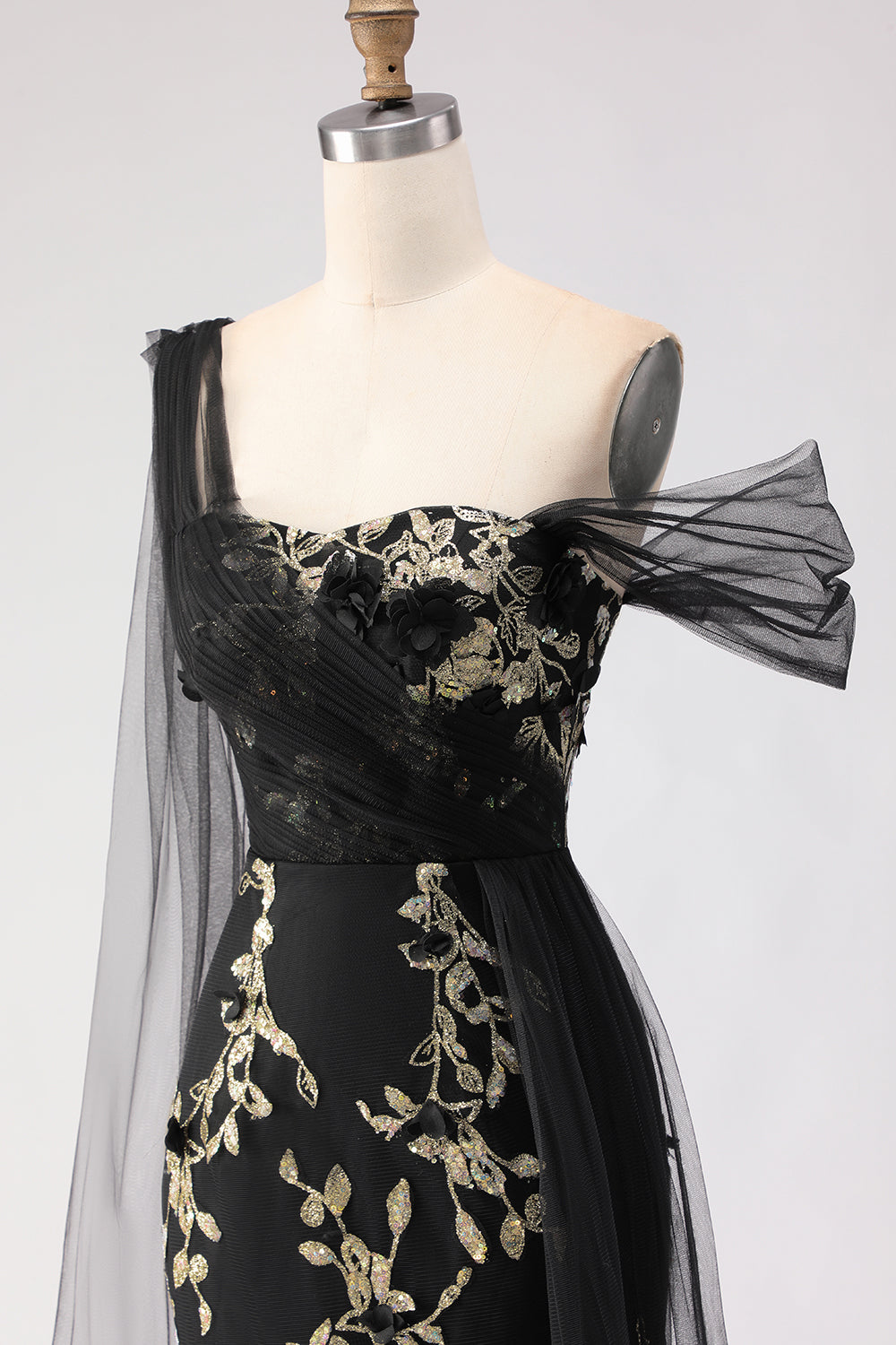 Black Golden One Shoulder Floral Long Sheath Prom Dress with Side Cape