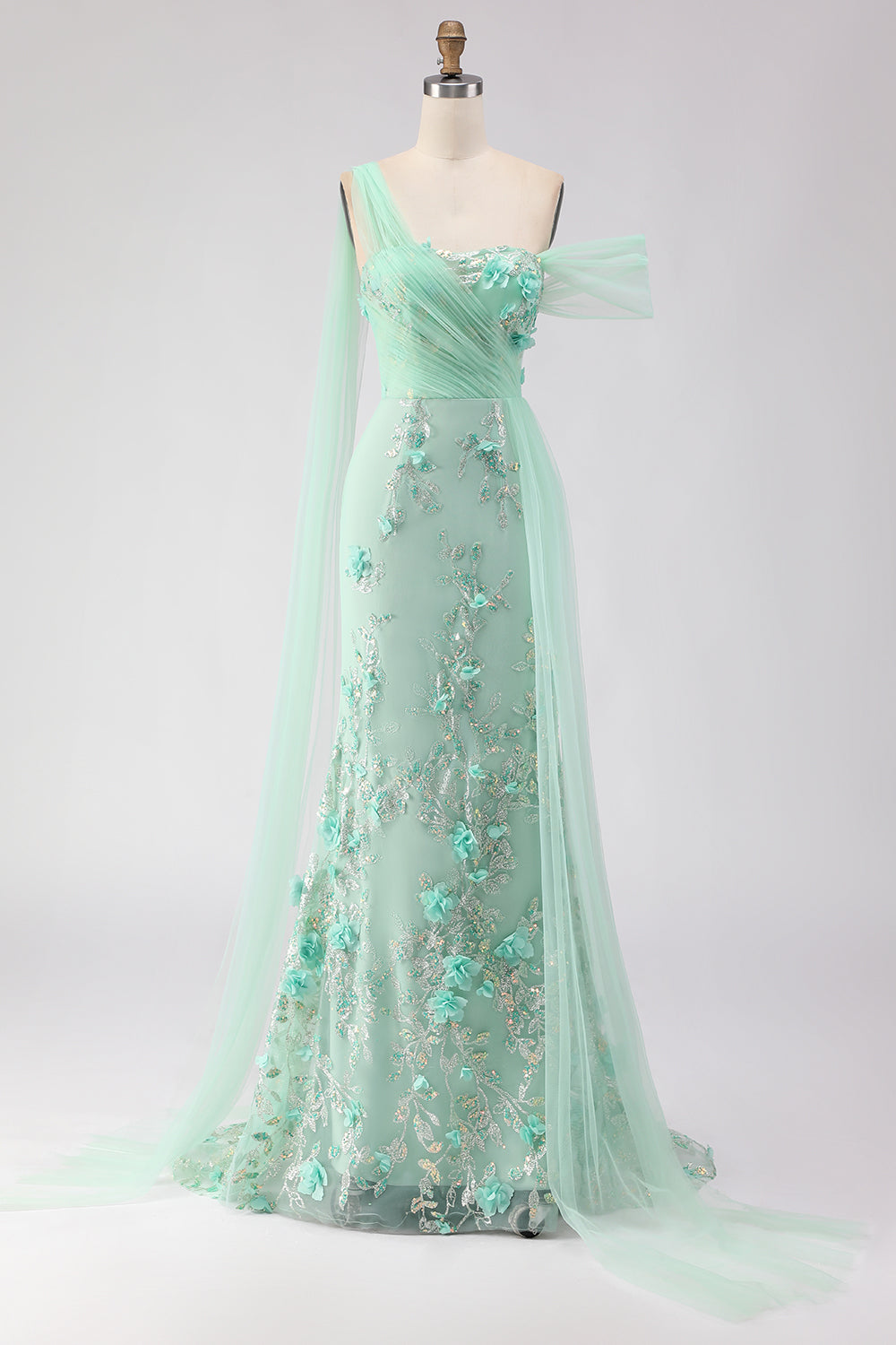 Floral Green One Shoulder Sheath Long Prom Dress with Side Cape