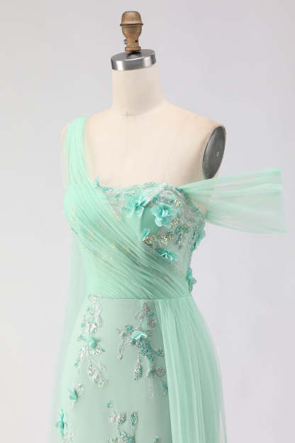 Black Golden One Shoulder Floral Long Sheath Prom Dress with Side Cape