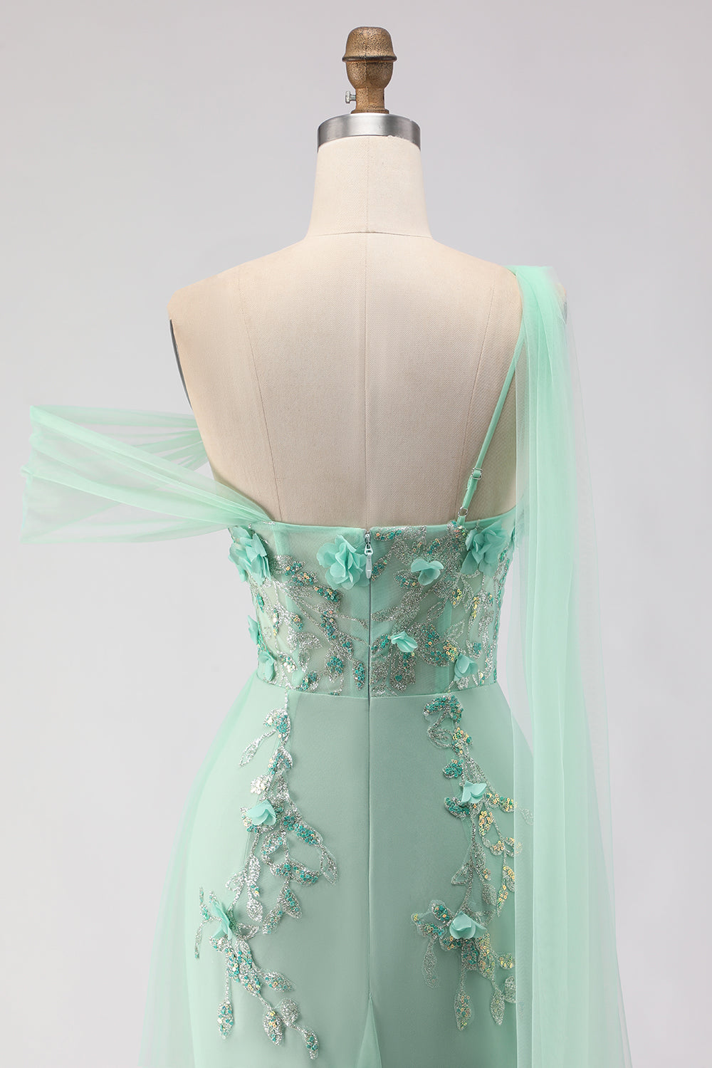 Black Golden One Shoulder Floral Long Sheath Prom Dress with Side Cape